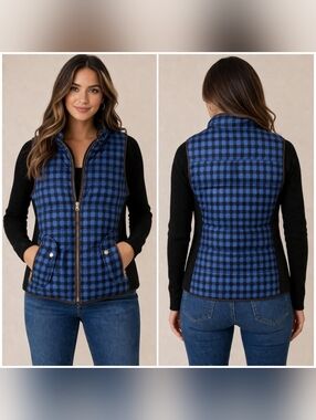Blue Black Plaid Quilted Puffer Vest Women’s Small Zip Front